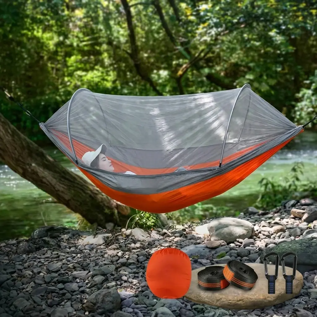 ARIVO Automatic Quick-Open Camping Hammock with Mosquito Net, Shape-Memory Support Poles, Heavy Duty Parachute Nylon Tree Hammock Tent with Reinforced Straps & Smooth Carabiners for Backpacking Hiking
