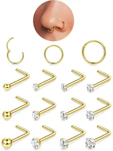 15PCS 18G Nose Rings Hoops 20G Nose Studs Hypoallergenic Steel Helix Hoop,Clicker Nose Rings Hoops, 2/2.5/3mm Ball CZ L-Shape Screw Nose Studs Nose Piercing Jewelry Gold Silver Nose Rings Set Fashion Body Jewelry