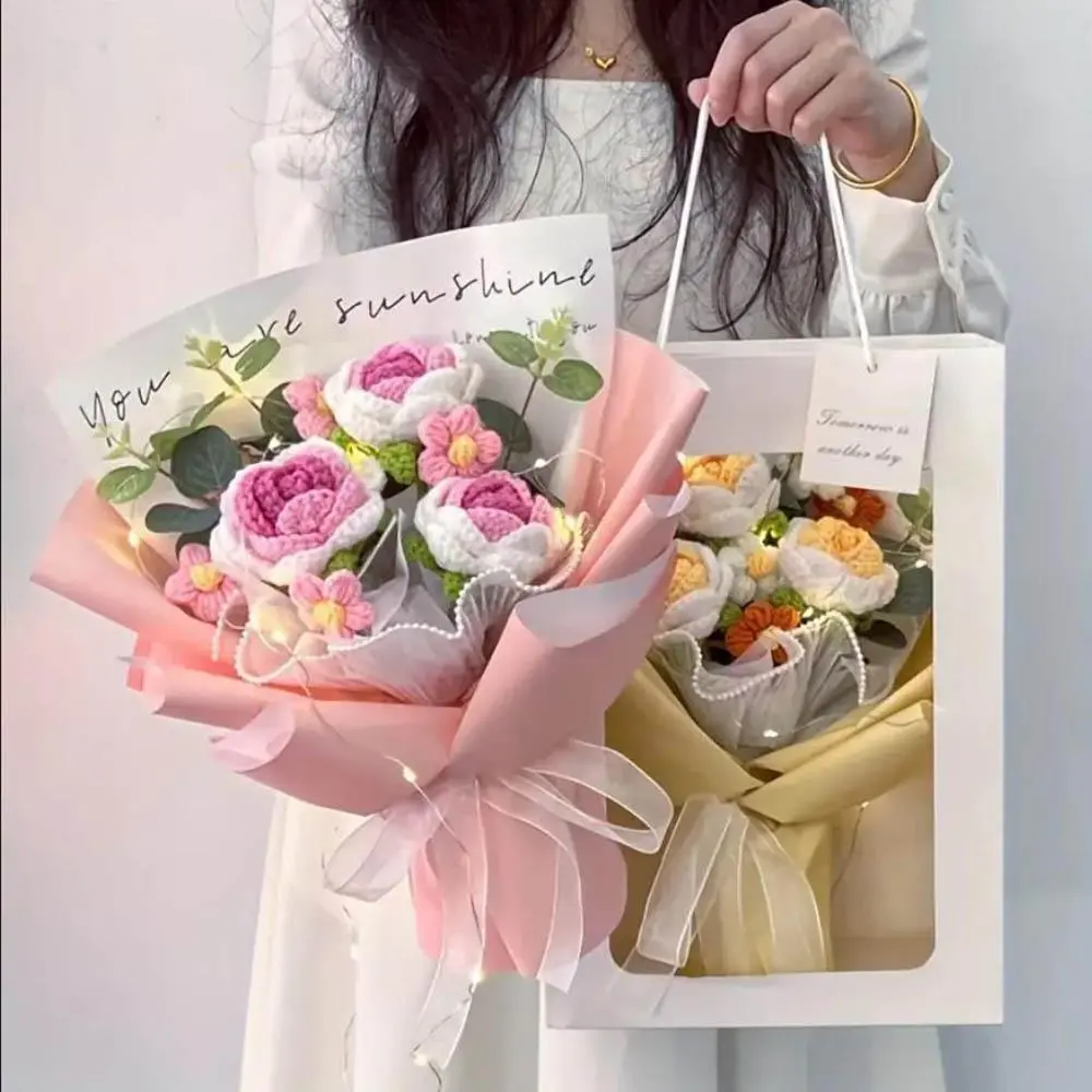 Handcrafted Woolen Rose Bouquet, 1 Count Charming Crochet Faux Flower Bouquet without Light, Perfect Decorative Gift for Graduation Celebrations