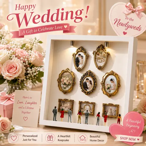 Upgraded Baroque Compact High-Quality Gold Wooden Frame - Premium Wood Resin DIY Personalized Shadow Box with Removable Acrylic, Spotlights, Mini Figures, for Nightstands, Memories Display, Unique Anniversary Gifts for Her
