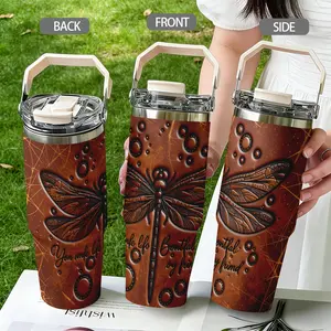 30oz Stainless Steel Insulated Tumbler Mug, Dragonfly Print Design, Dual-Layer Vacuum Insulation, Portable Travel Cup with Lid, Gift Idea, Drinkware, Flasks