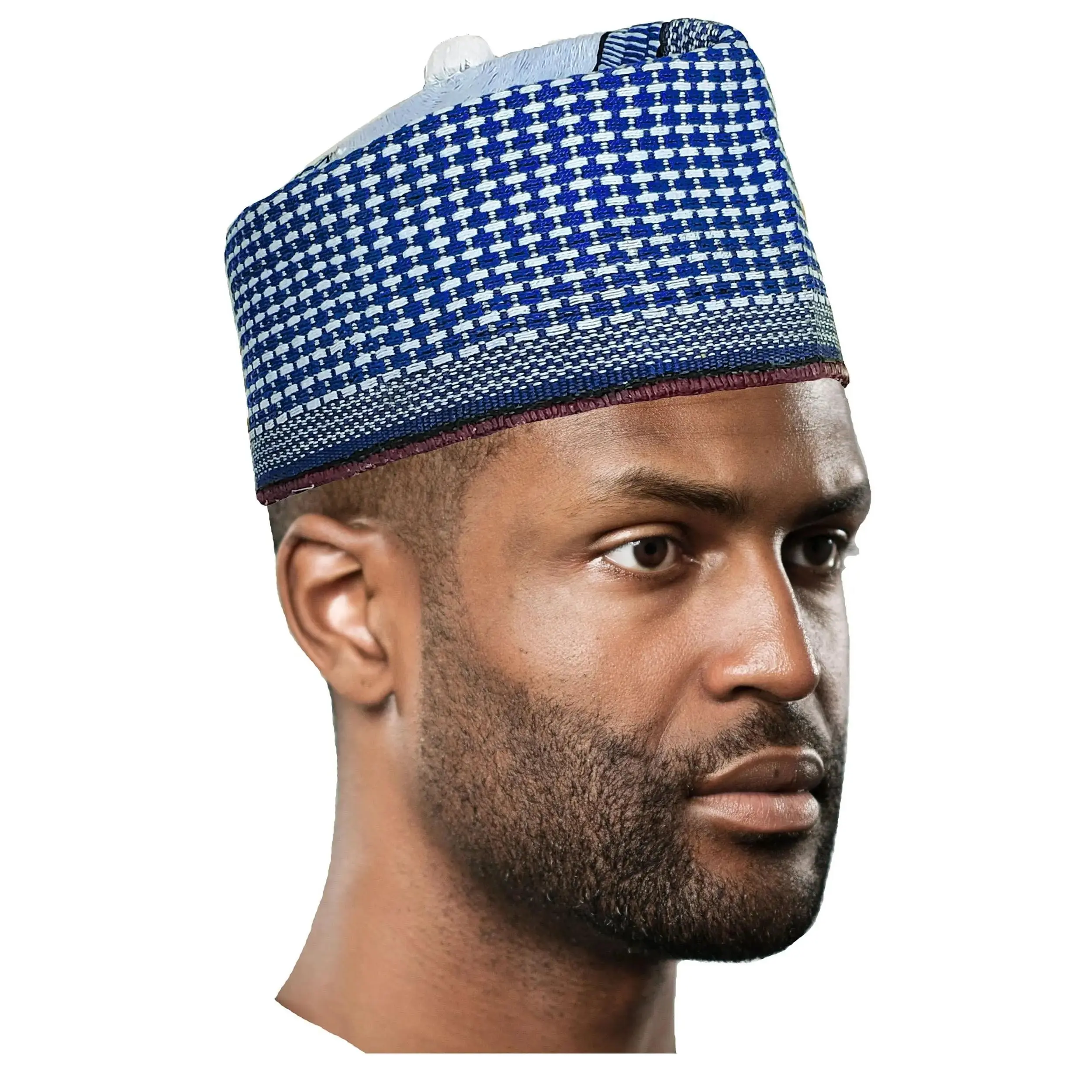 Hassan Blue and White Hausa Mallam Cap Fulani Hula Hand-Crafted African Traditional Kufi hat DPH627 | African Fashion | Dupsie's