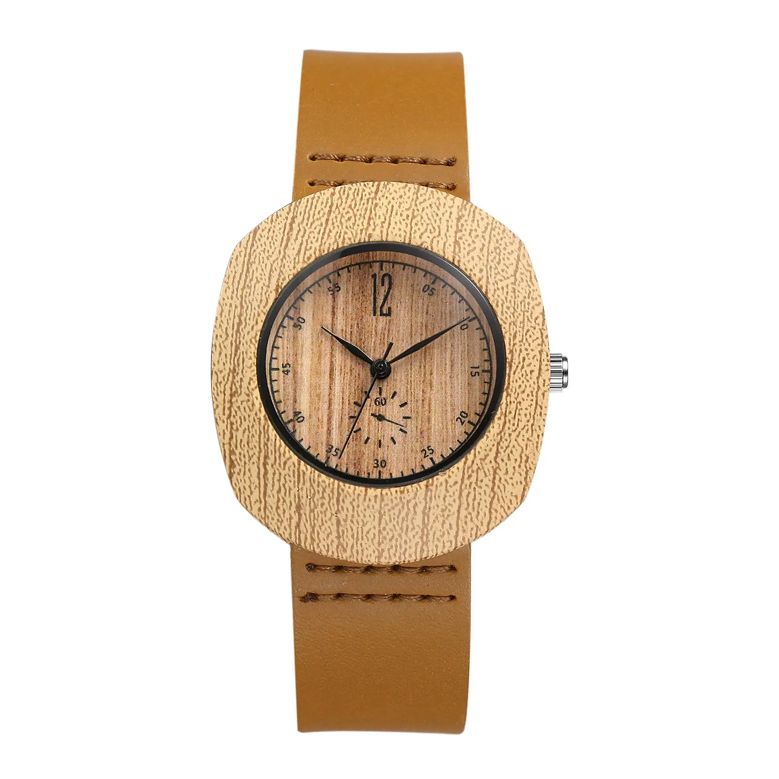 OIDEA Women's Vintage Genuine Leather Tonneau Watch for Women - Natural Wood-Tone Case, Analog Quartz Drive, Arabic Numerals, Adjustable Band, Splash-Proof Light Water Resistance Wristwatch, Watches For Women