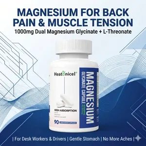 Heatonicel Magnesium 1000mg for Back Pain & Muscle Tension, Dual Glycinate + L-Threonate, Perfect for Desk Workers & Drivers, Gentle on Stomach, 90 Veggie Capsules