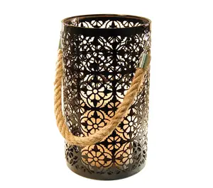 LumaBase Jacquard Metal Lantern with LED Flameless Candle