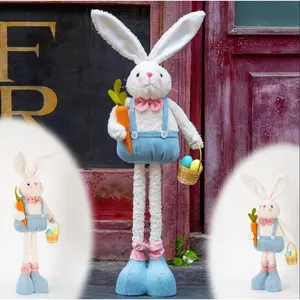 unanscre Standing Easter Bunny Gnome Plush Decoration - 20’’-30’’Large Rabbit Gnome Stuffed w/Retractable Spring Leg Handmade Hold Easter Eggs Basket & Carrot Doll for Home Ornament Farmhouse Decor