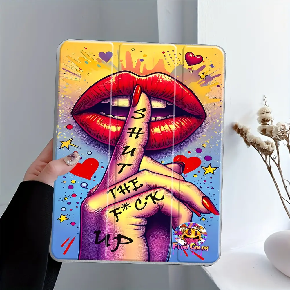 Pop Art Red Lips Quote iPad, Ipad Accessories, Ipad Sleeve, iPad Tablet Cover, Tablet Folding Stand Case, Transparent Acrylic Back Panel With Pencil Slot, Scratch-resistant Ultra-thin Protective Case, Suitable for All iPad, Office, School, Home