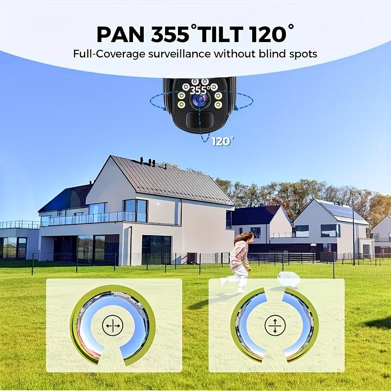 4K/8MP Solar-powered Outdoor Security Camera, 2.4GHz Wi-Fi, Pan/tilt, Dual Lenses, PIR Human Detection, Color Night Vision, Two-way Audio, Home Solar-powered Security Camera | Wireless Outdoor 355° Panoramic View, IP66