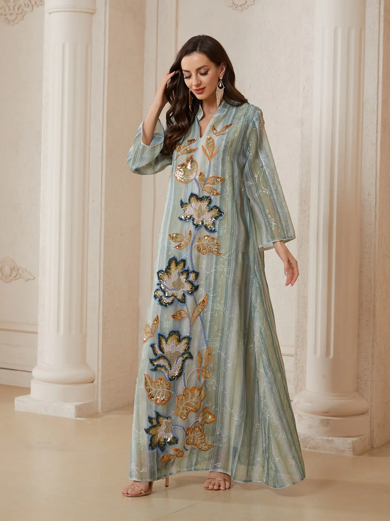 Women's Traditional Mesh Sequin Dress Jaiabia, Long Loose-Fitting Embroidery Abaya, Evening Party Formal Embellished Glam Gown, Elegant Chic Gown, All Seasons Fashion, Elegance Long Sleeve, Formal Wear, Modesty Wear, Modest Muslim Outfits