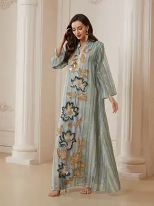 Women's Traditional Mesh Sequin Dress Jaiabia, Long Loose-Fitting Abaya, Evening Party Gown, All Seasons Fashion, Long Sleeve