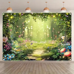 Spring Fairy Enchanted Forest Photography Backdrop Tapestry - Butterflies, Wildflowers & Glowing Fireflies Design, Durable Wrinkle-Resistant Polyester Fabric Birthday Party Decor, Photo Booth Studio Props, Magical Ambiance,