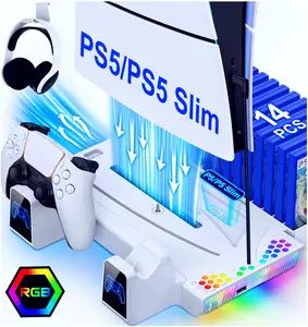 BEBONCOOL PS5 Slim Stand and Cooling Station with Controller Charging Station for PS5, PS5 Accessories Incl. 3 Levels Turbo Fan, 14 Game Slots, Headset Holder, PS5 Cooler for PS5 Digital/Disc,White