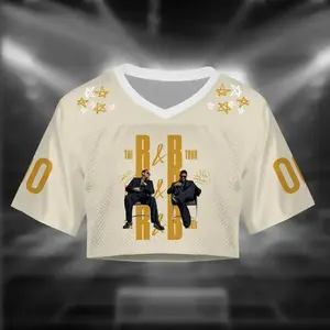 Women Retro R&B Music Fan Concert Jersey V Neck Cream Cropped Football Tee Hip Hop Streetwear Star Doodle Graphic Oversized Mesh Crop Top Shirt