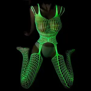 New Glow in the Dark Bodysuit Luminous Fishnet Body Stocking Lingerie lovers Green Colorful Design for Nighttime Visibility