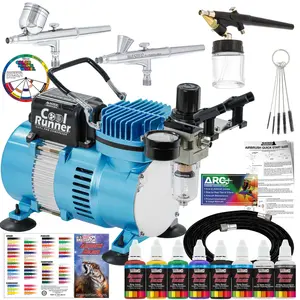 Cool Runner II Dual Fan Air Compressor Airbrushing System with 3 Airbrushes - 6 Primary Opaque Colors Acrylic Paint - How To Guide