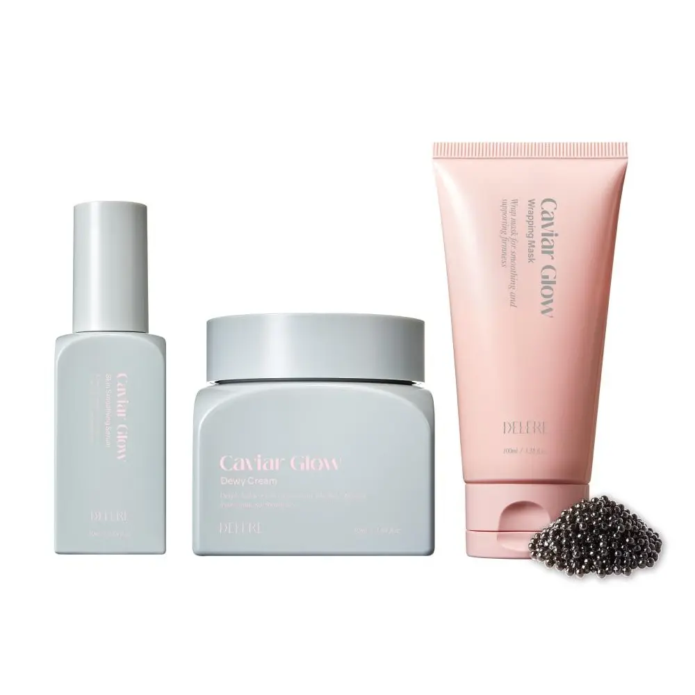 Delere Caviar Anti-Aging Skincare Set - Serum, Cream & Wrapping Mask, Pore Refining, Firming & Deep Hydration Kit
