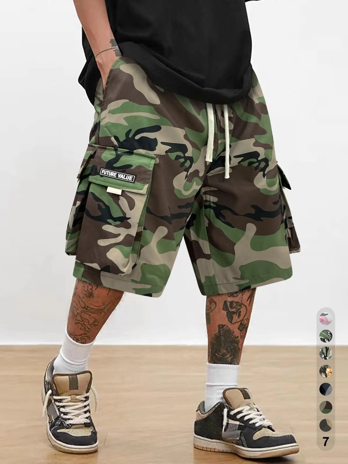 Men's Camo Print Patched Pocket Drawstring Waist Cargo Shorts, Street Fashion Loose Straight Leg Shorts For Outdoor, Mens Bottoms For Summer