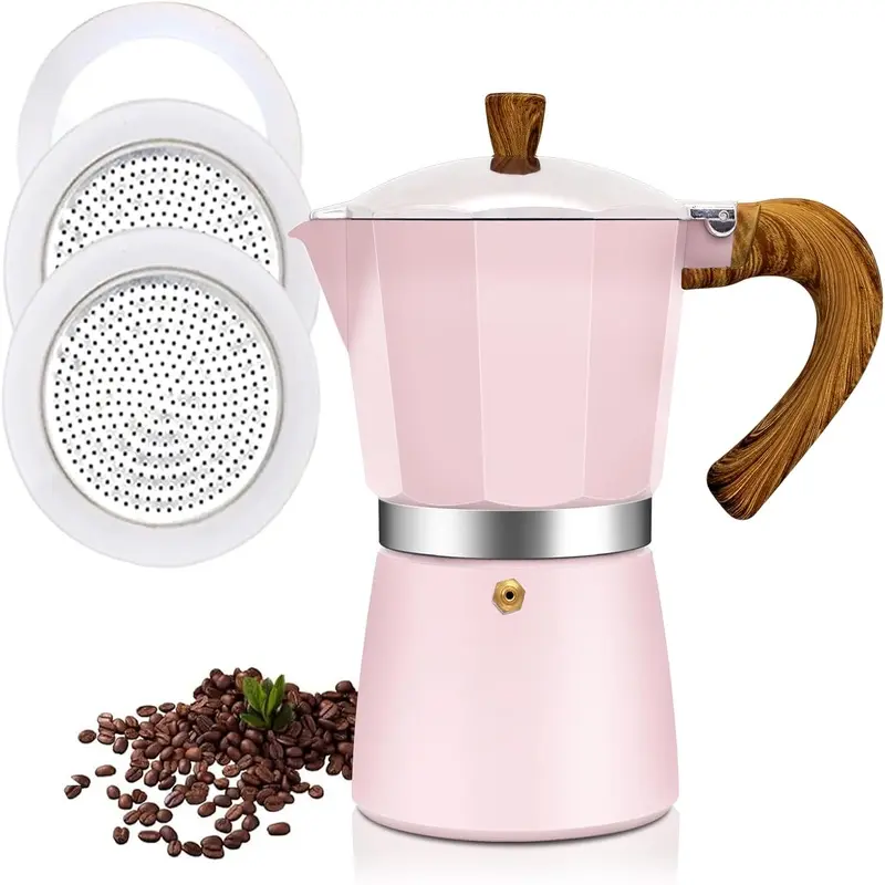 3-Cup Pink Aluminum Stovetop Espresso Maker, Italian-Style Moka Pot Coffee Maker, Classic Percolator for Espresso & Strong Coffee