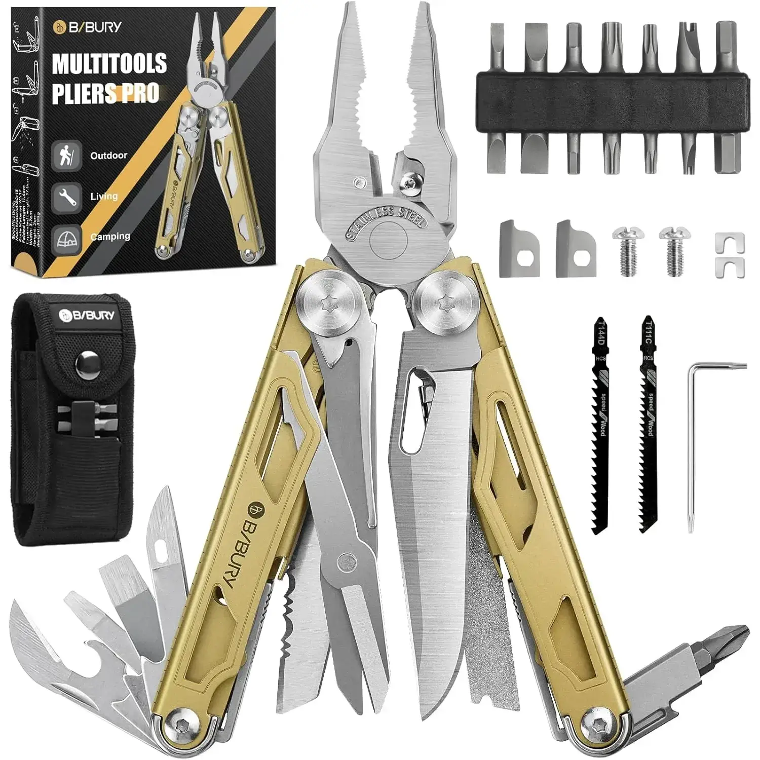 Swiilpo Multitool Pliers Pro BI2045, 31-in-1 Stainless Steel Multi Tool with Replaceable Wire Cutters and Saw, Foldable Heavy-duty Multitool Set with Scissors and Screwdriver for Hiking Camping RepairQuesear