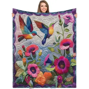 Cartoon Hummingbird and Colorful Flowers Blanket, Valentine's Day Theme, Soft Flannel, Lightweight, Perfect Gift