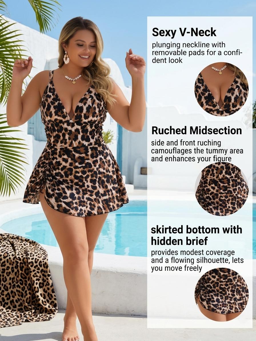 Women's Plus Size Leopard Print One Piece Swimdress Deep V Neck Skirt Bathing Suit  curvy size swimsuits summer swimwear vacation dress
