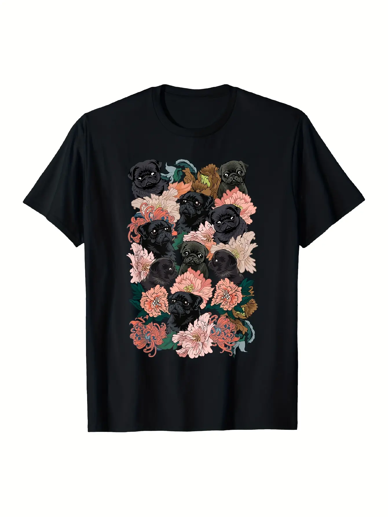 Black Pug Graphic T-Shirt - Cute Puppy Floral arra unisex soft cotton short sleeve t shirt, vintage graphic casual tee for men women teens, perfect birthday holiday gift for camping travel gym daily street  wear
