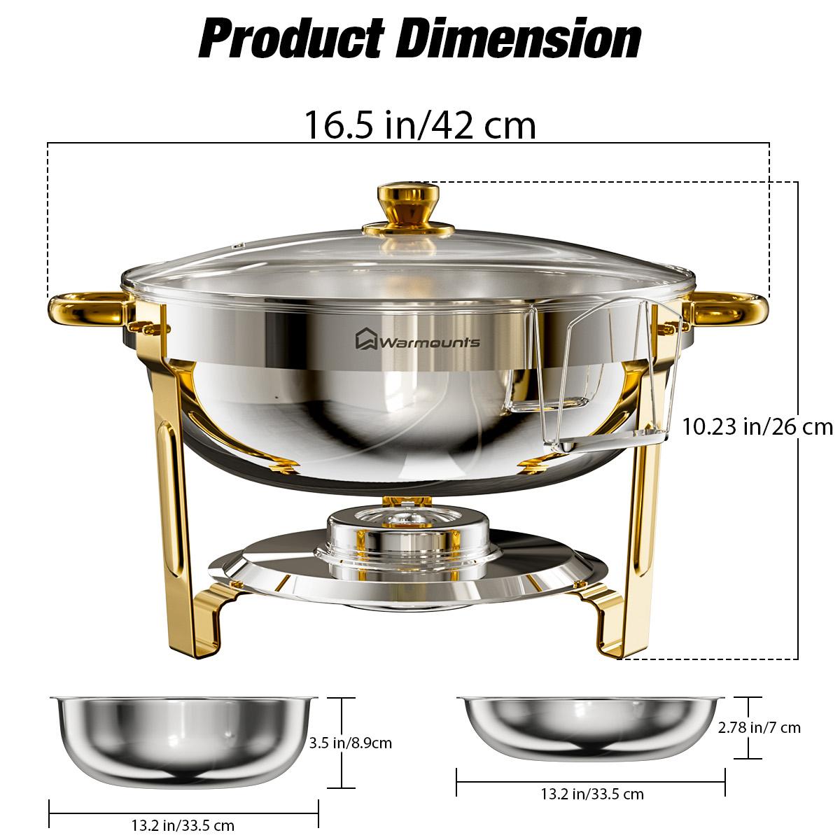 WARMOUNTS Chafing Dish Buffet Set, Glass Lid 5QT 2/4/6 Pack Gold Accent Stainless Steel Chafers and Buffet Warmers Sets with Lid & Lid Holder for Parties Catering Events Weddings Banquets