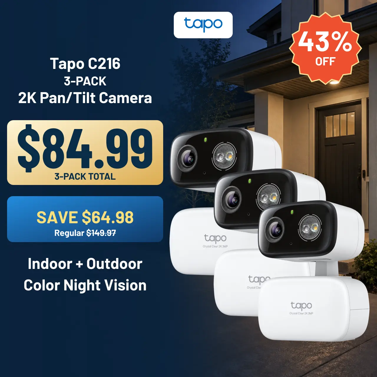 Tapo Home Camera(3-pack), Built to Last with Water & Dust Protection, 2K Pan/Tilt for Baby & Pet Monitoring, Indoor/Outdoor, C216