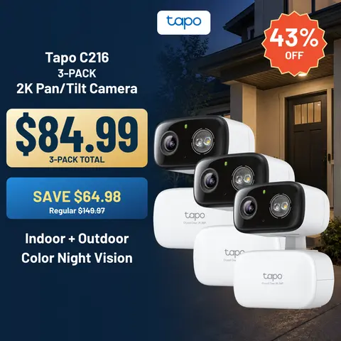 TP-Link & Tapo C216(3-pack) 2K Pan/Tilt Indoor/Outdoor Security Camera  with AI Detection, Baby Cry Detect, Motion Tracking, Color Night Vision, 360° Pan/Tilt, No Subscription, Alexa & Google Compatible  #SummerWins #DealsForYouDays
