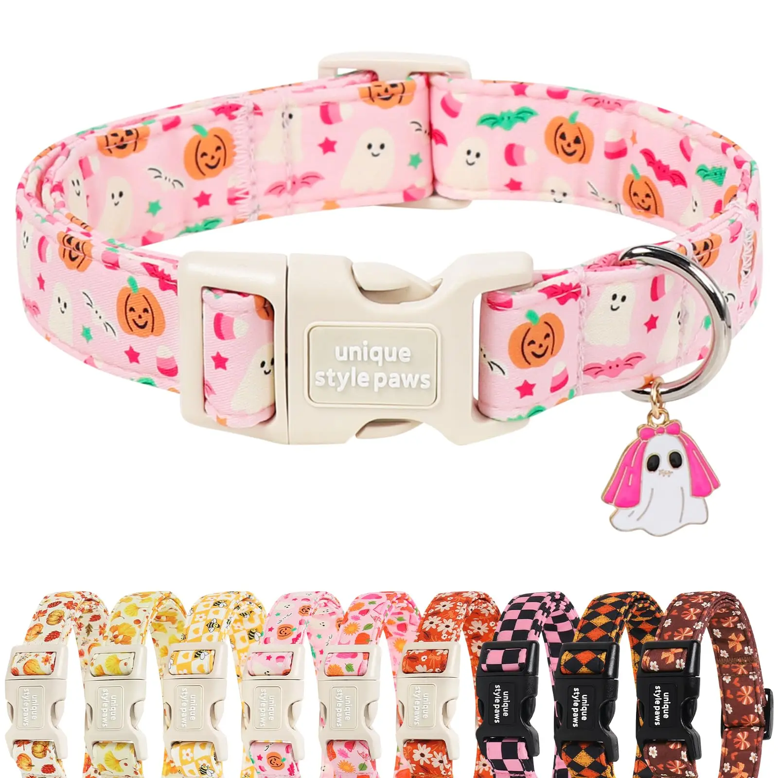 Halloween Dog Collar with Plastic Buckle, Pink Ghost Pendant - Basic Collar for Small, Medium, Large Dogs (Autumn Use)