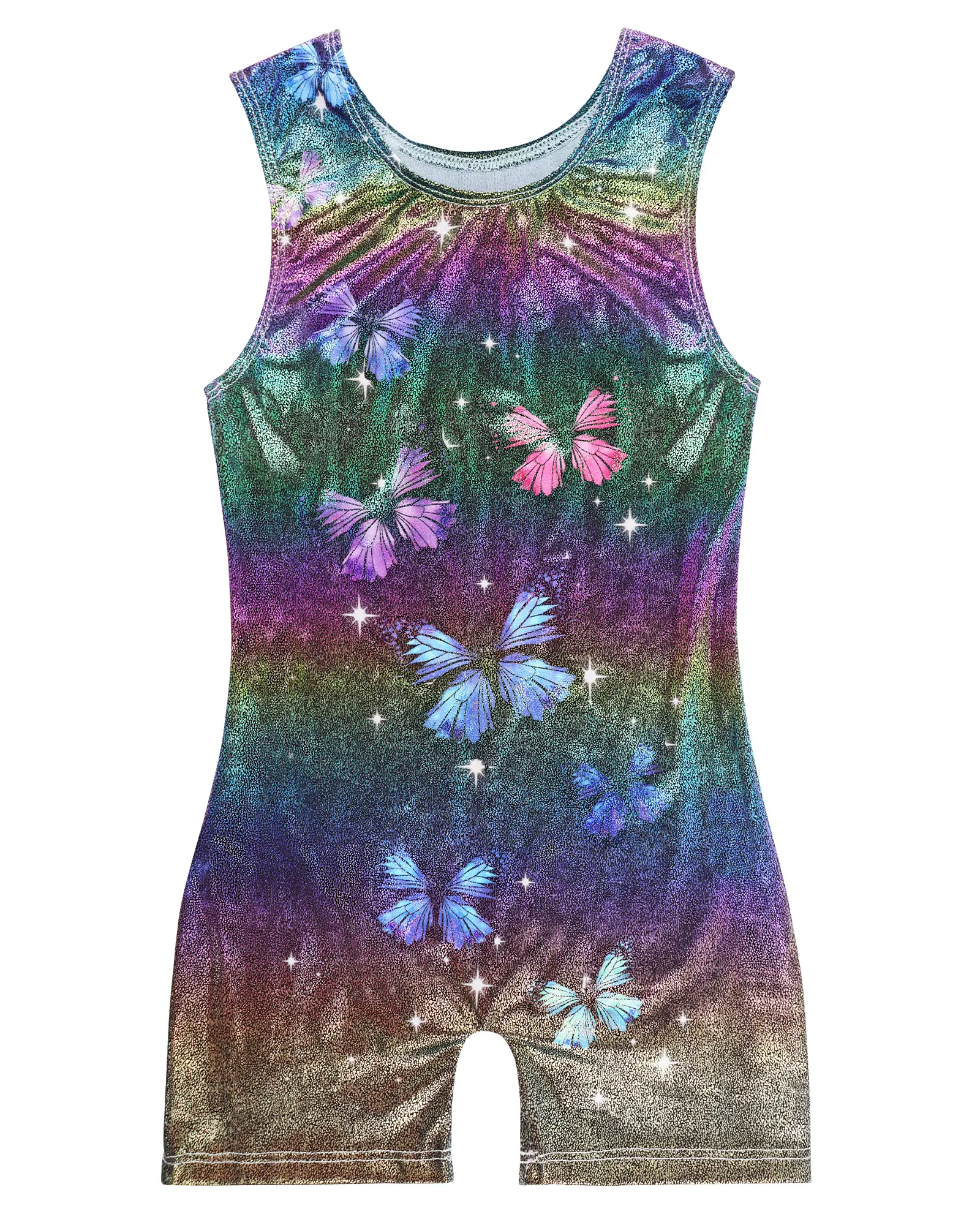 Shiny Butterfly Print Biketard for Girls, Stretchy Gymnastics Leotard with Shorts for Dance and Tumbling Practice, Cute Patterns, Child Sizes, Suitable Ages, Wide Crotch