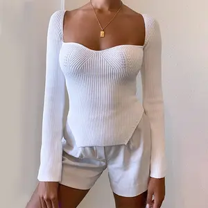 White ribbed knit top with sweetheart neckline long sleeves and pointed hem body-hugging fit perfect for chic casual or date night outfits-D231101