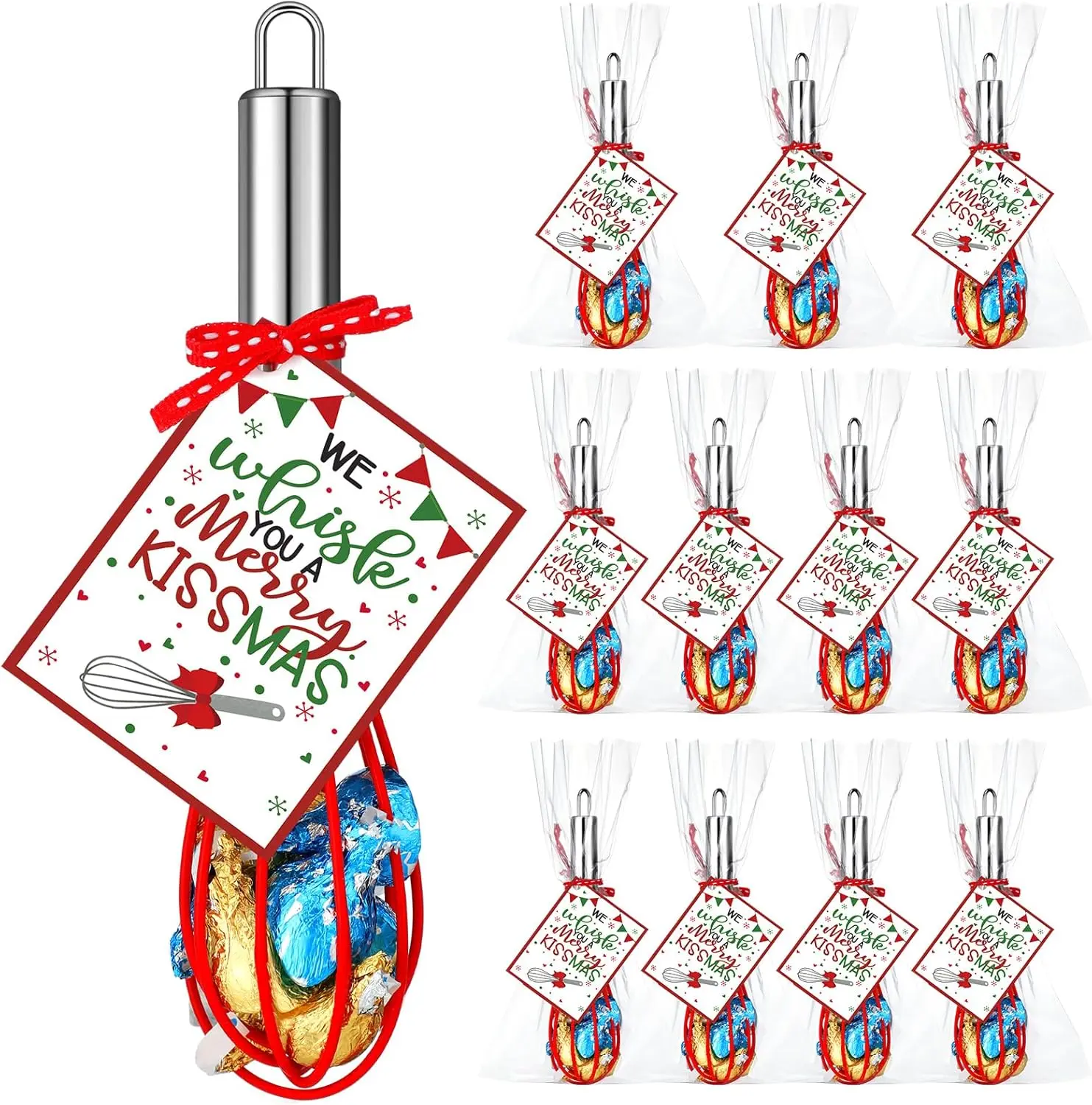 Summerwins 12-Set Christmas Neighbor Baking Supplies Gift Kits - Home Kitchenware with 8-in Stainless Steel Holed Stirring Whisk, 3.15x2.36in Printed Xmas Symbols Cards, Ribbons, 4.72x9.84in Plastic Bags, Xmas Stocking Stuffers, 4.72 X 9.84 Inches Bags