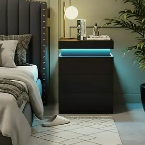TryLazy Nightstand with Charging Station and LED Lights, Night Stand with Sliding Top for Bedroom, Bedside Table with Drawers, Modern End Side Table