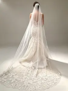 1-Tier Cathedral Bridal Veil, Floral Lace Trim Long Sheer Tulle Lace Drop Veil with Comb, Elegant Bridal Headpiece