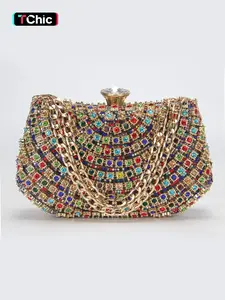 Women's Elegant Colorful Rhinestone Decorated Evening Bag, Exquisite Trendy Handbag, Fashionable Bag for Party Decoration, Chain Strap Clutch