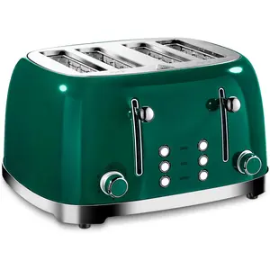 4 Slice Toaster Retro Stainless Steel with Bagel Defrost Cancel Function, 6 Browning Settings, Extre Wide Slot and Removable Crumb Tray, Green, ST033
