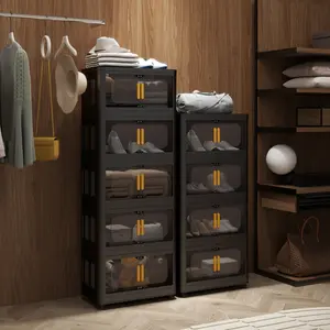 Black,24" Side Wide Folding Storage Cabinet ,4 Tiers,23.62"*13.78"*48.43",Collapsible Storage Bins with Magnetic Door, Plastic Storage Cabinet with Wheels