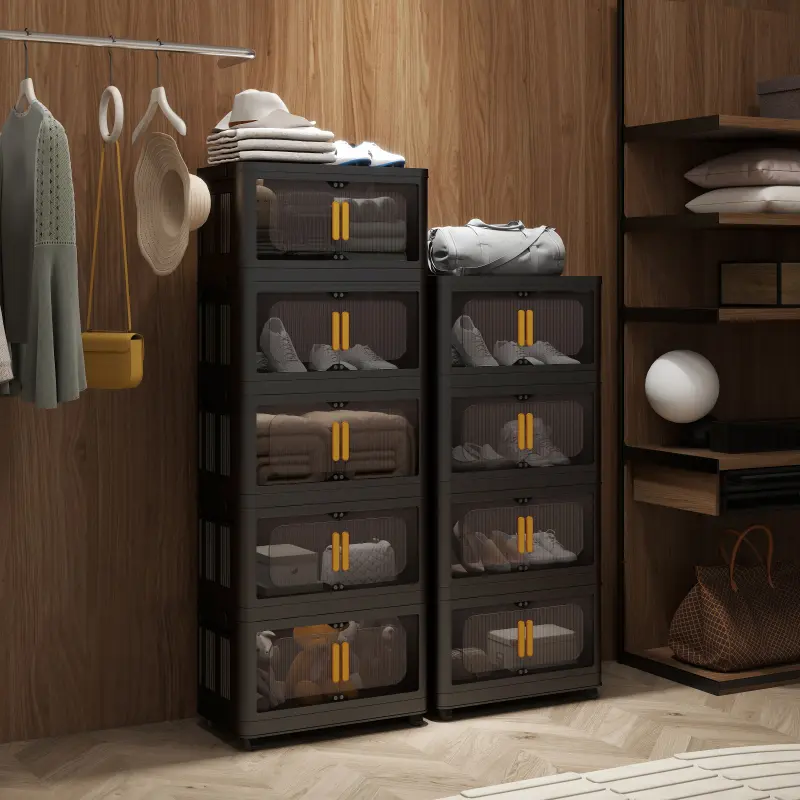 Black,24" Side Wide Folding Storage Cabinet ,4 Tiers,23.62"*13.78"*48.43",Collapsible Storage Bins with Magnetic Door, Plastic Storage Cabinet with Wheels