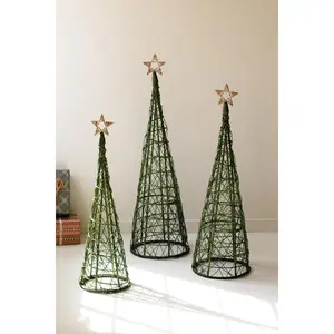 Set Of Three Christmas Topiaries Green With Natural Star