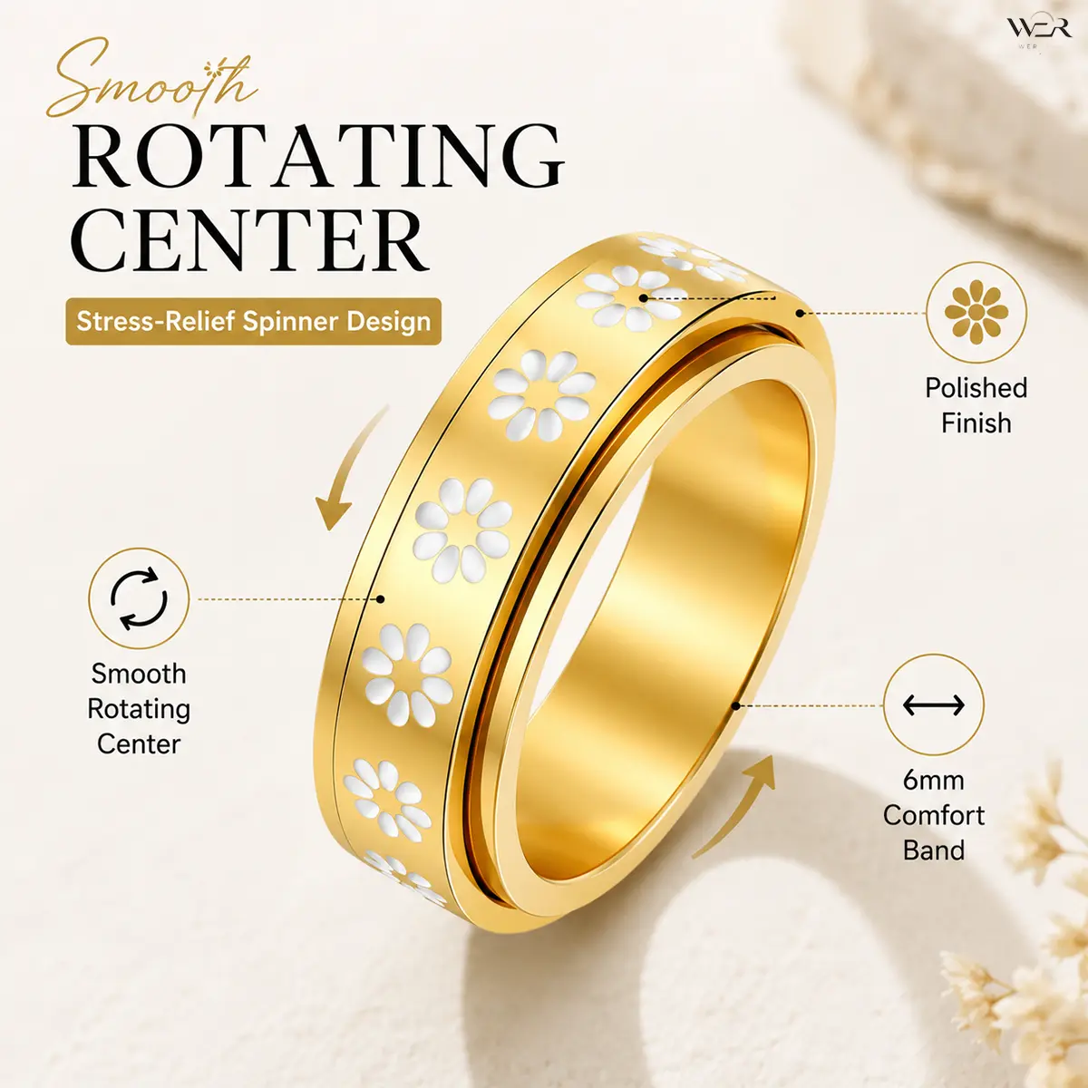 Women's 6mm Cute Fashion Daisy Motif Spinner Ring - Gold/Silver Round Band, Rotating Center, Stress Reliever, Sparkling, Lightweight, Comfortable, Versatile, Size 6-10 Jewelry for All Seasons Everyday Wear Gift