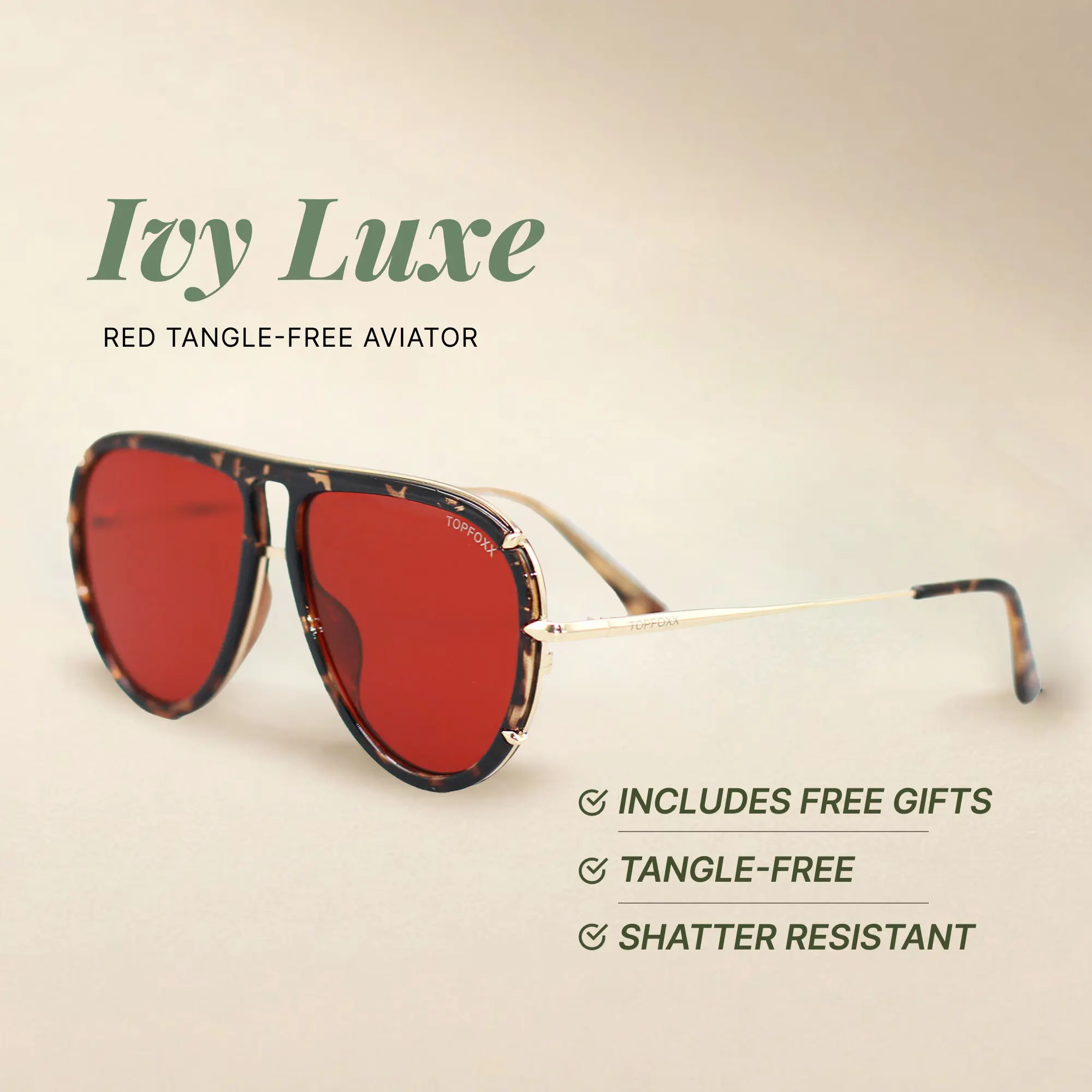 Ivy Luxe - Red - Tangle Free Round Aviator Sunglasses - Certified Shatter-Resistant Lenses - UV400 - For Women & Men