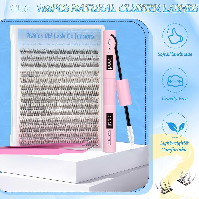 Natural Lash Extension Kit - 168 Pcs Wispy Eyelash Extensions 9-12MM with Bond & Seal Lash Glue & Eyelash Extension Tweezers for DIY at Home Makeup Cosmetic Lightweight Clusters Beginner Romantic Valentine's Day Gifts【Valentine's Day gifts】For wife d