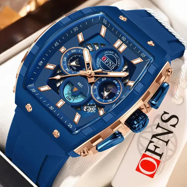 Findtime Men's Quartz Watch, Wine Barrel Watch, Silicone Strap, ABS Shell, 5ATM Waterproof, Luminous Hands, Calendar, Six Pin Watch, Moon Phase Display, Gorgeous and Cool, Sporty Style
