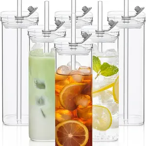 6-piece square drinking glass, vintage glass, 17-ounce square glass, transparent hypo glass, modern glassware, flat glass, mixed drinking cup with straw, used for cocktails, coffee, juice and beer.