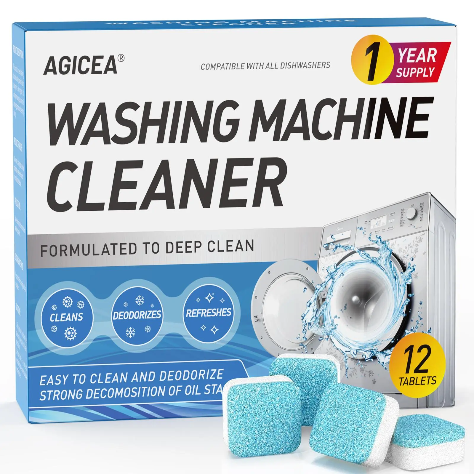 AGICEA Washing Machine Cleaner Descaler 24-Pack - Deep Cleaning Tablets for HE Front Loader & Top Load Washers, Eco-Friendly Deodorizer, 12-Month Supply, Septic Safe, Unscented Detergent