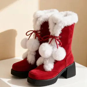 Playful Red Plush Winter Boots Warm Santa Claus Style Chunky Heels Christmas Essential Outfit Soft Cozy Lining Trending TikTok Collection