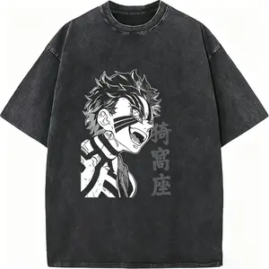 Demon Slayer Akaza T-Shirt Vintage Wash Anime Graphic Tee High-Contrast Portrait Print Unisex Oversized Fit for Anime Fans