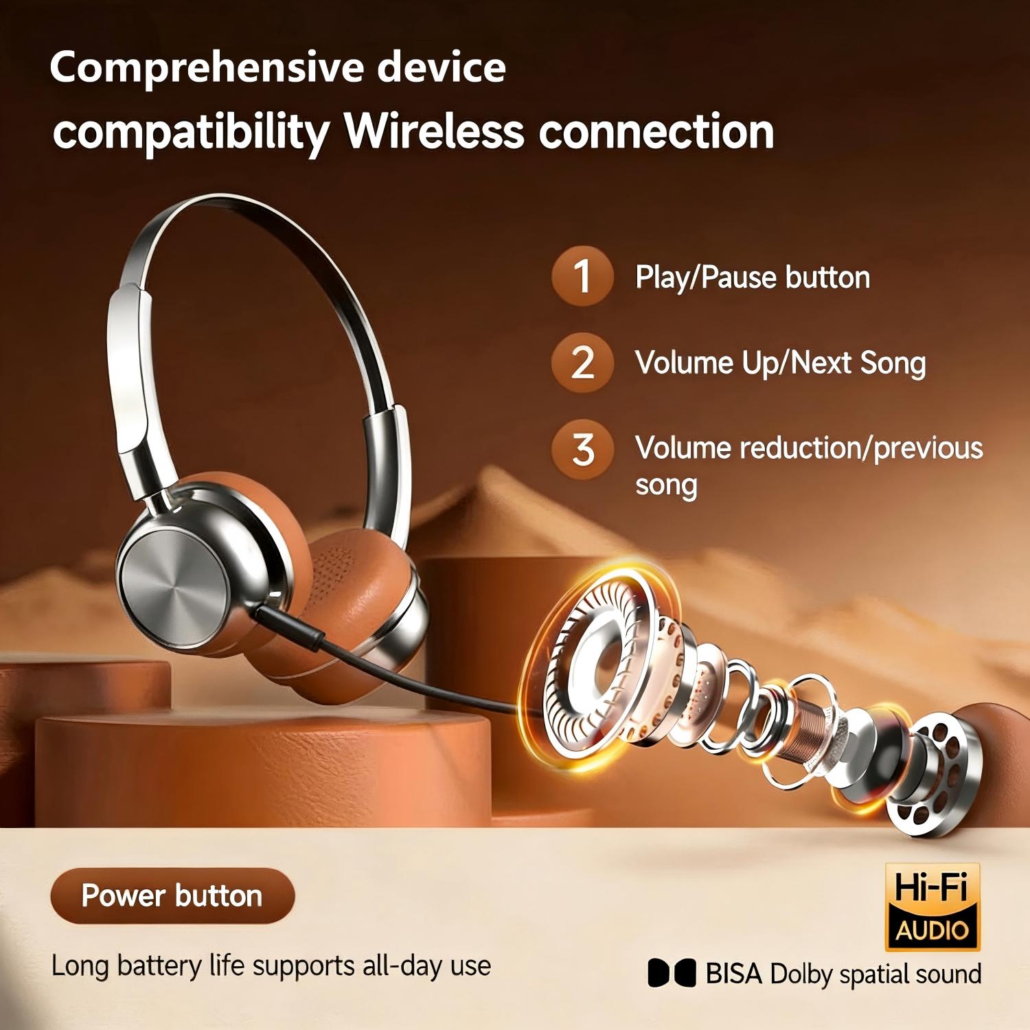 CR-20 Wireless Bluetooth 5.4 Over-Ear Headphones, Retro Maillard Metal Design, 8H+ Battery, ENC Noise Reduction, Low Latency, IPX4