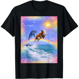 100% Cotton Dolphin and Cow Rainbow Meme T-Shirt